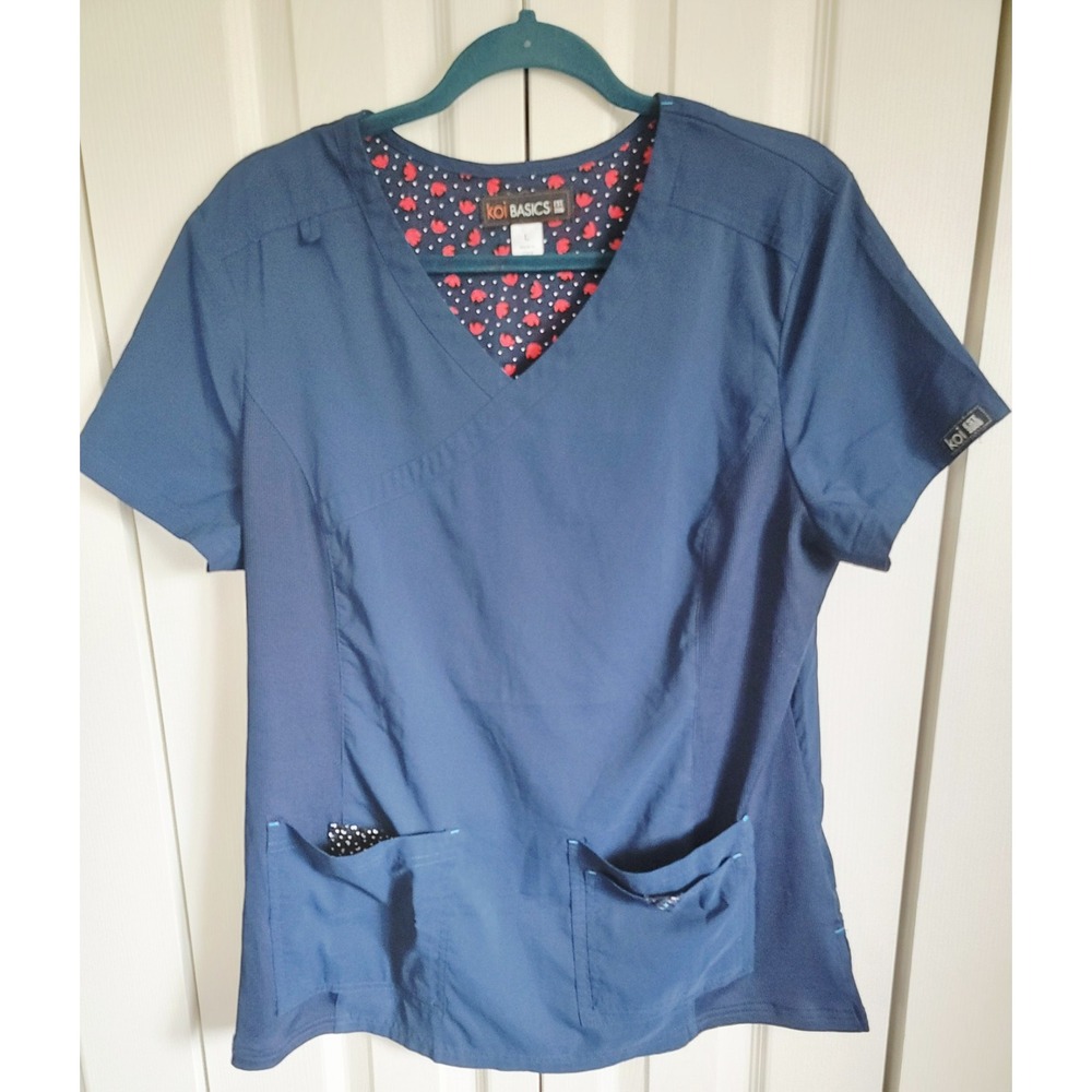 Koi‎ Basics L Navy Scrub Top Blue Short Sleeve Pockets V-Neck Stretch